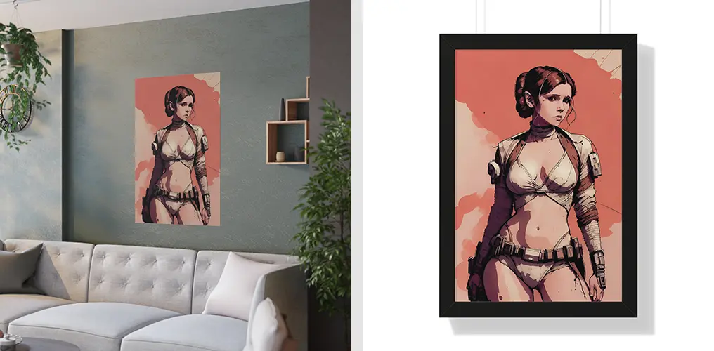 La imagen muestra mockups de posters de la imagen de AI de la Princesa Leia para crear posters, cuadros y otros productos