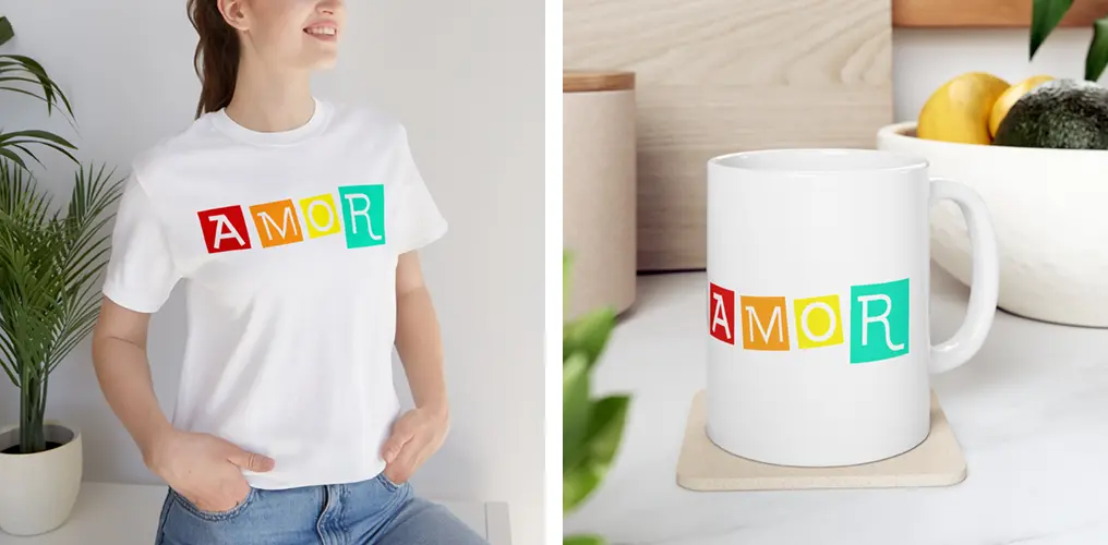 La imagen muestra mockups con productos hechos con la plantilla vector "Amor Arcoíris"