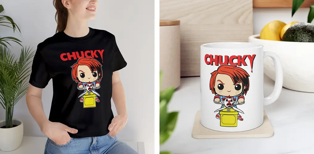 La imagen muestra mockups con productos hechos con la plantilla vector funko de Chucky el Muñeco Diabólico