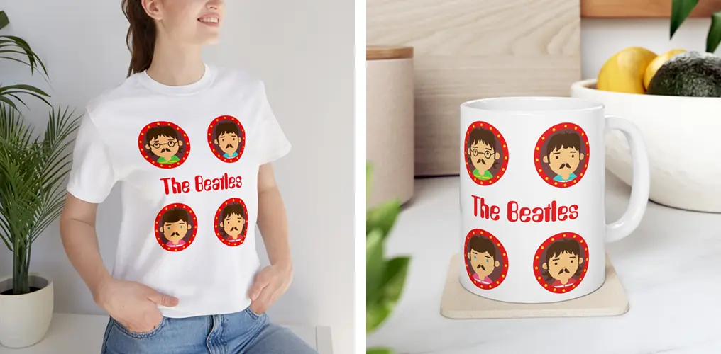 La imagen muestra mockups con productos hechos con la plantilla vector Beatles Infantiles