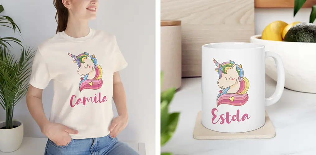 La imagen muestra productos hechos con la plantilla PSD personalizable para niñas con unicornio
