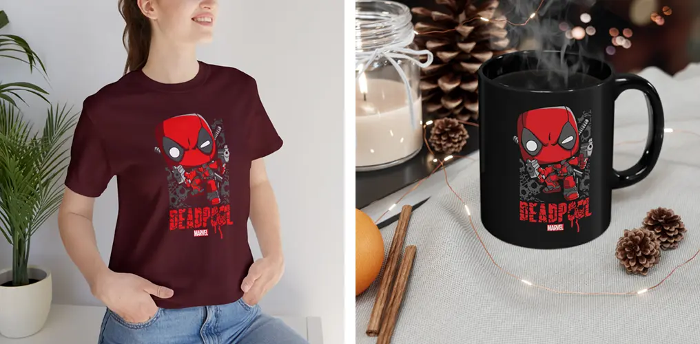 La imagen muestra mockups con productos hechos con la plantilla vector funko de Deadpool